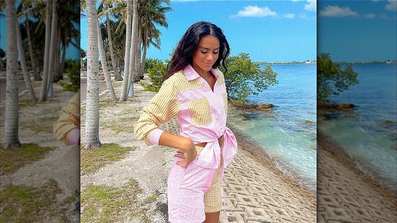 woman wearing striped matching set