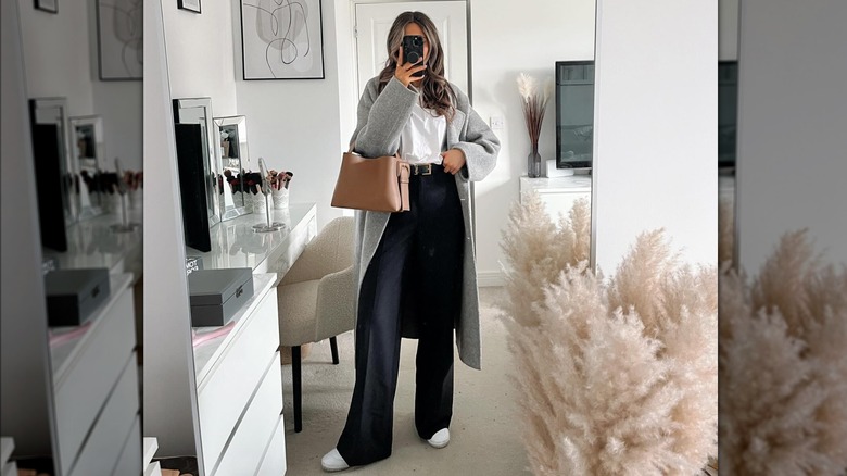 black trousers grey wool coat