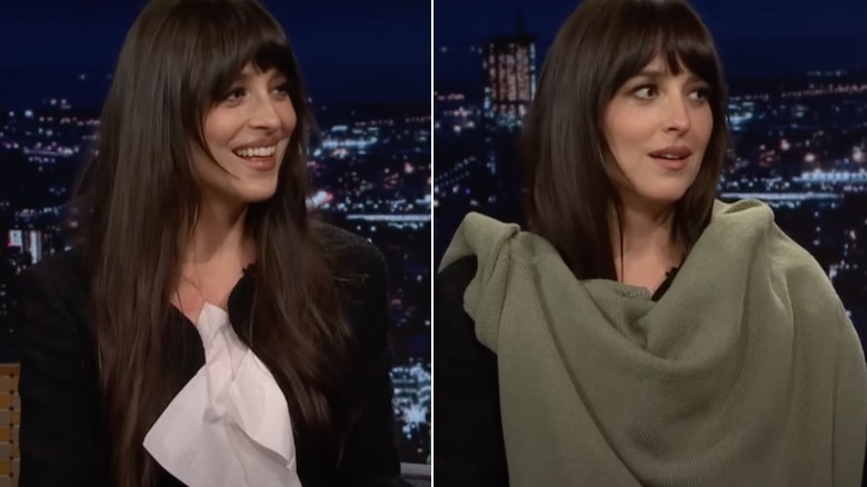 Dakota Johnson appears on The Tonight Show Starring Jimmy Fallon with a tissue and sweater covering her chest