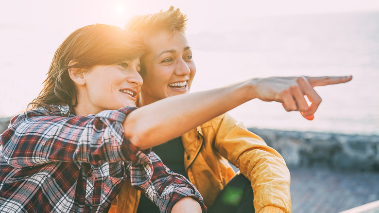 smiling couple talking on date