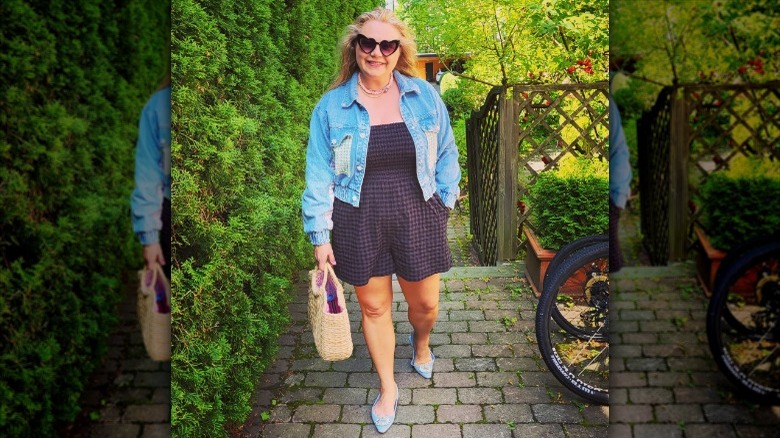 Woman in denim jacket ballet flats