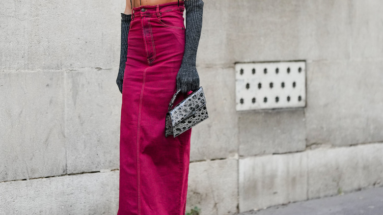Long red denim skirt