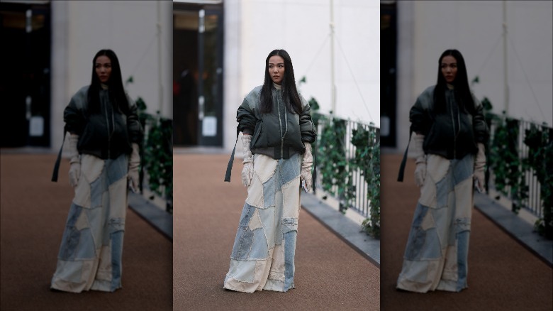 Patchwork long denim skirt