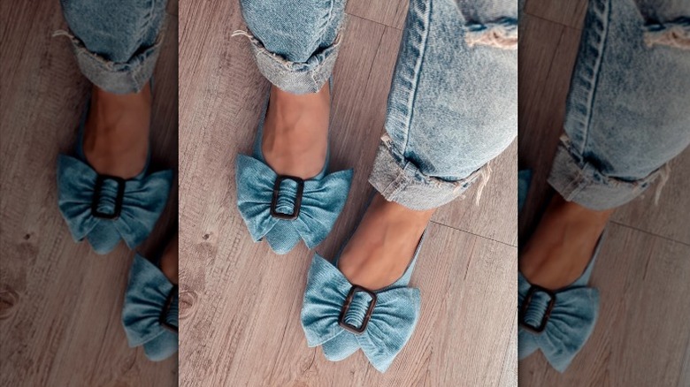 pair of denim flats