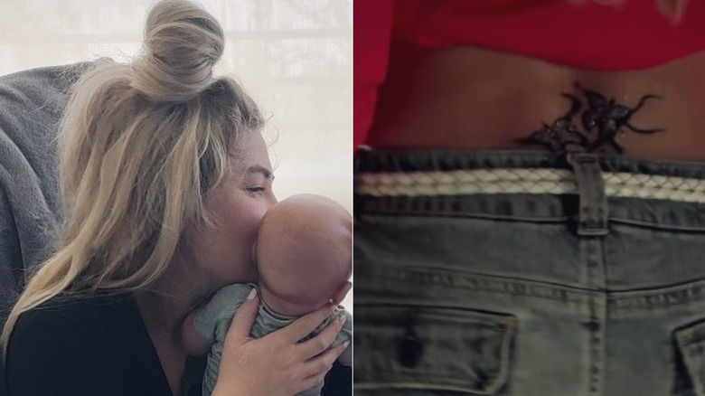 Erika Kirk holds her baby and gives him kisses while her hair is up in a messy bun