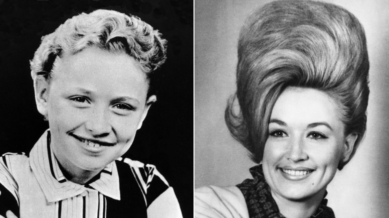 Dolly Parton with short hair as a child and a bouffant as she starts her music career