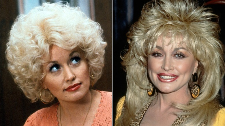 Dolly Parton with huge blond hair in "9 to 5" and at an event in the '90s