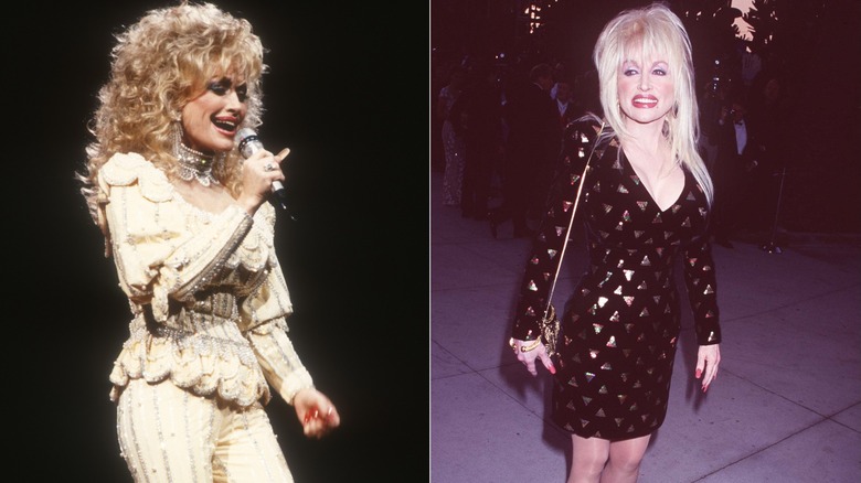 Dolly Parton performing at the Target Center in Minneapolis in October 1990 / Dolly Parton at the 1997 Vanity Fair Oscar Party in Beverly Hills
