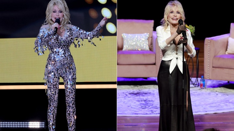 Dolly Parton at the 57th Academy of Country Music Awards in March 2022 in Las Vegas / Dolly Parton at a "Dolly: An Original Musical" fireside chat in Nashville in January 2025