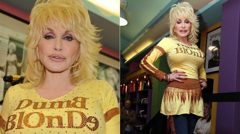 Dolly Parton posing in a yellow "dumb blonde" shirt
