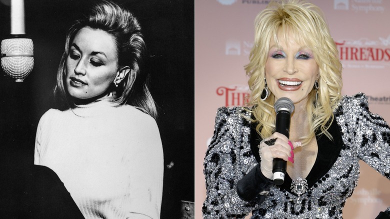 Young Dolly Parton singing into a microphone in a recording studio on the left and present-day Dolly speaking into a microphone on the right