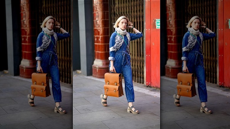 woman with brown double bag