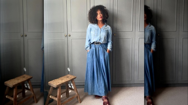 double denim with full skirt