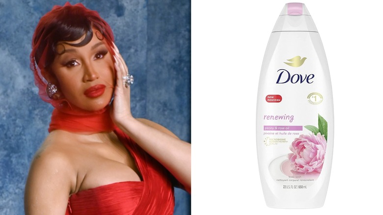 Cardi B in a viel posing for a picture (L) and Dove peony and rose body wash (R)