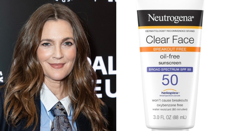 Drew Barrymore posing for a picture in a suit (L) and drugstore Neutrogena sunscreen (R)