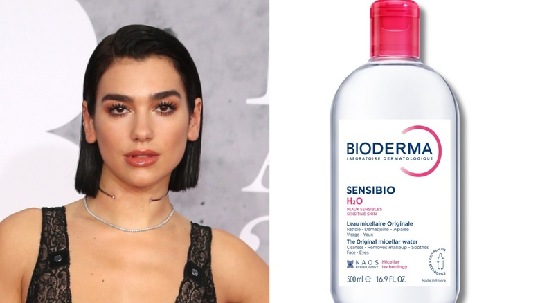 Model Dua Lipa posing in a black outfit (L) and drugstore Bioderma Micellar which she uses to remove makeup