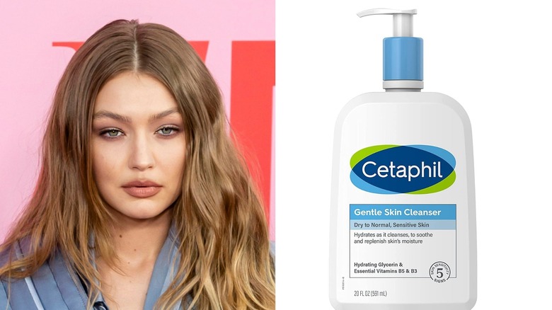 Gigi Hadid posing in a gray outfit (L) and Cetaphil cleanser, which she uses (R)