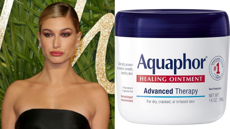 Hailey Bieber posing in a black dress (L) and Aquaphor healing ointment (R)