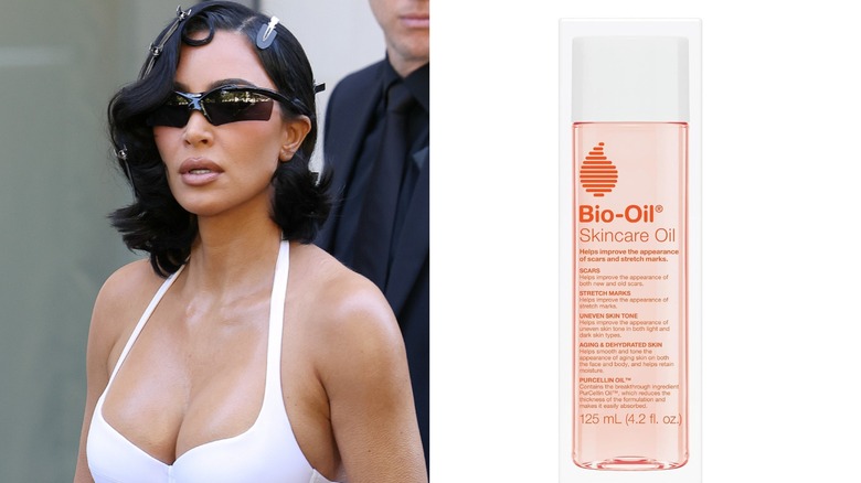 Kim Kardashian walking in a white dress (L) and Bio-Oil Skinare oil (L)