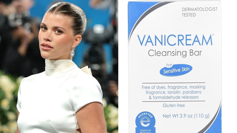 Sofia Richie Grainge posing in a white dress (L) and Vanicream (R)