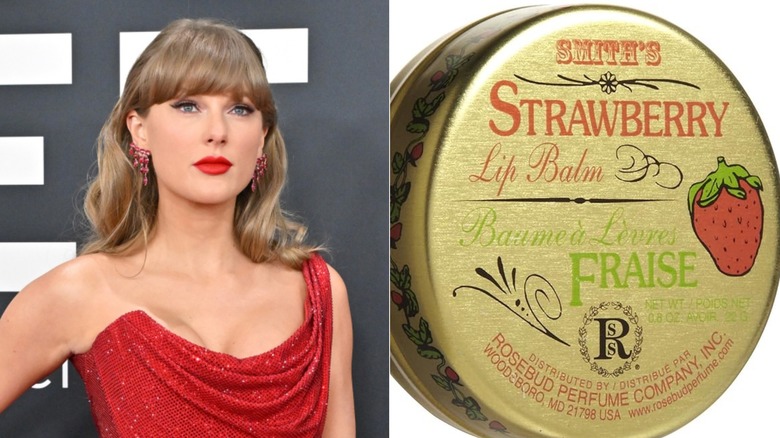 Taylor Swift wearing a red dress and posing for a photo (L) and Smith's Strawberry Lip Balm (R)