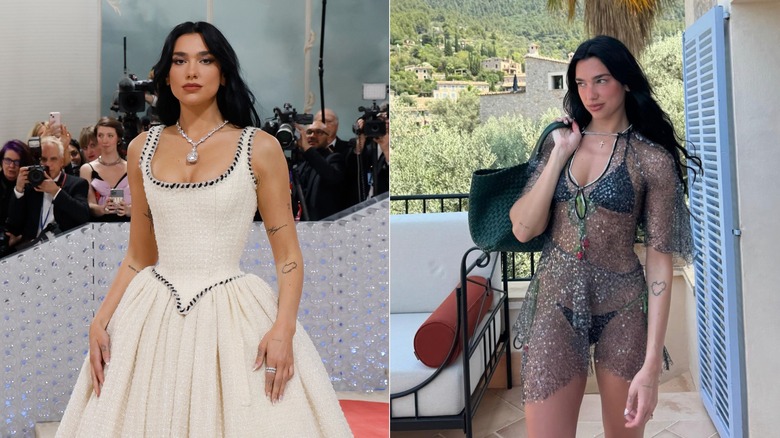Dua Lipa wears a cream ball gown on the red carpet and thin undergarments covered by a sheer top