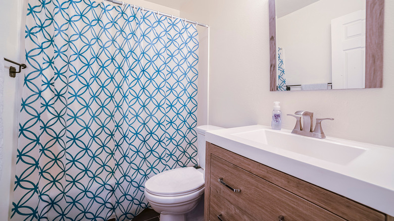 Patterned blue and white shower curtain 