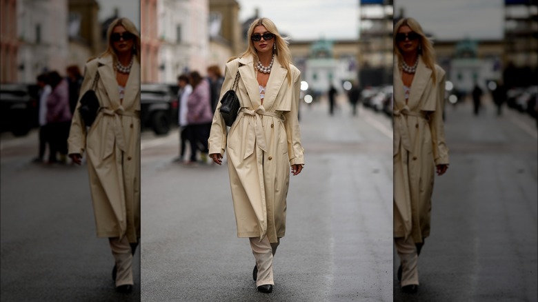 Beige trench coat pearls