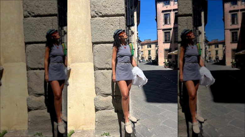 Woman wearing dress, Birkenstock slides