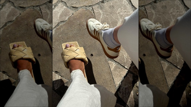 Women displaying woven slide, sneaker