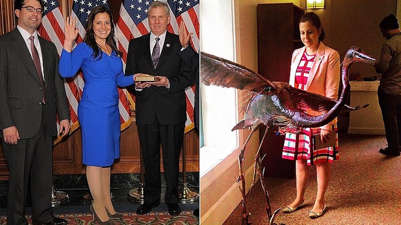 Elise Stefanik being sworn in and looking at art