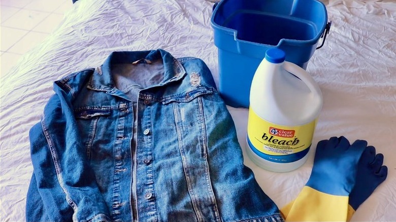 Bleach, denim, gloves, and bucket 