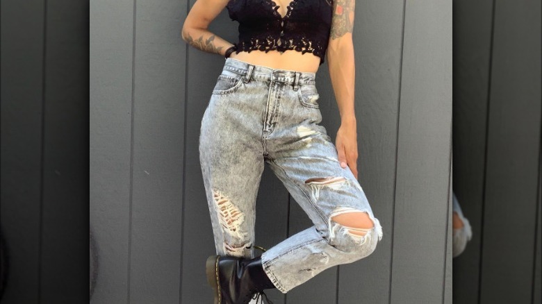 Woman in acid wash jeans 