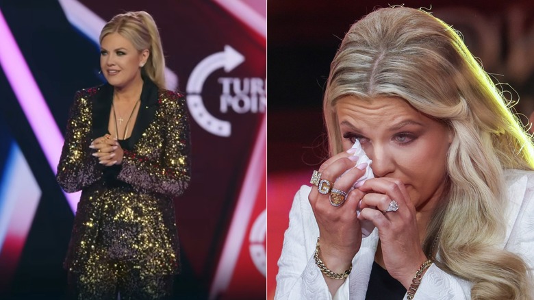Erika Kirk in a golden suit and a closeup of her rings