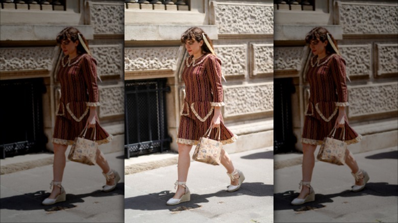 Woman wearing dress, espadrille wedges