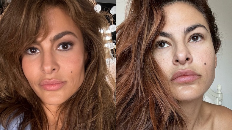 Side by side of Eva Mendes in 2024 and 2026, without makeup in the latter