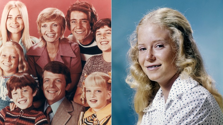 Cast photo of the Brady Bunch stars side-by-side with a close up shot of Eve Plumb as Jan Brady