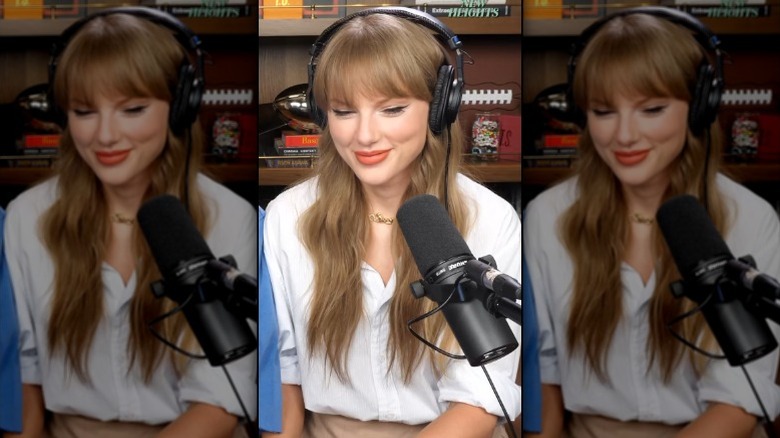 Taylor Swift wearing orange lipstick on the