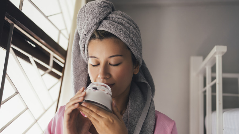 woman with hair in towel