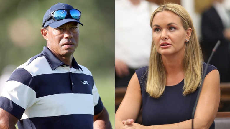 Tiger Woods stands on a golf course while Vanessa Trump sits in a courtroom