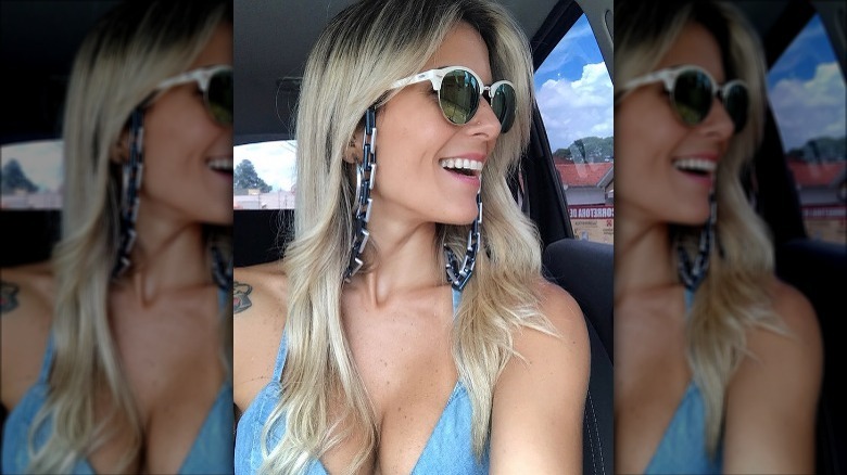 woman wearing eyeglasses with chain