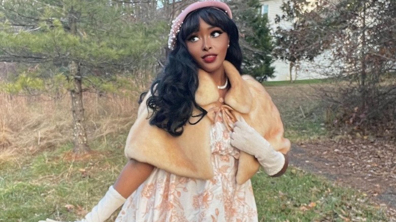 fur shawl and dress outfit