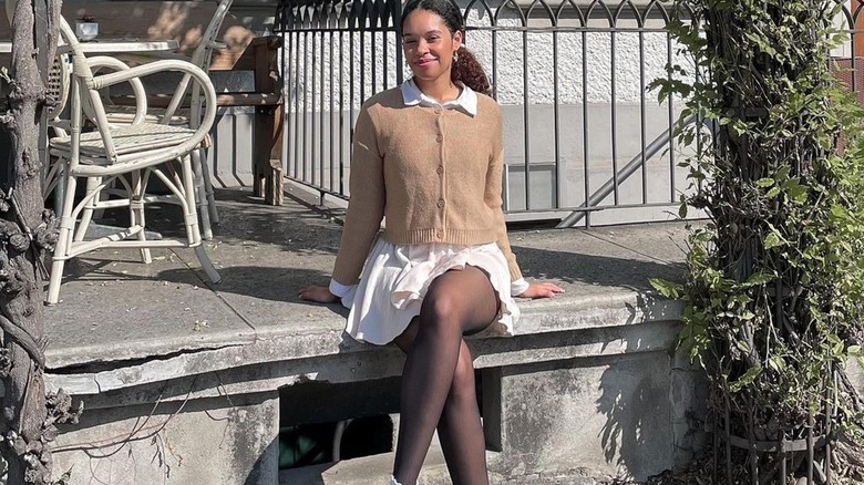 Cardigan, dress, and tights outfit