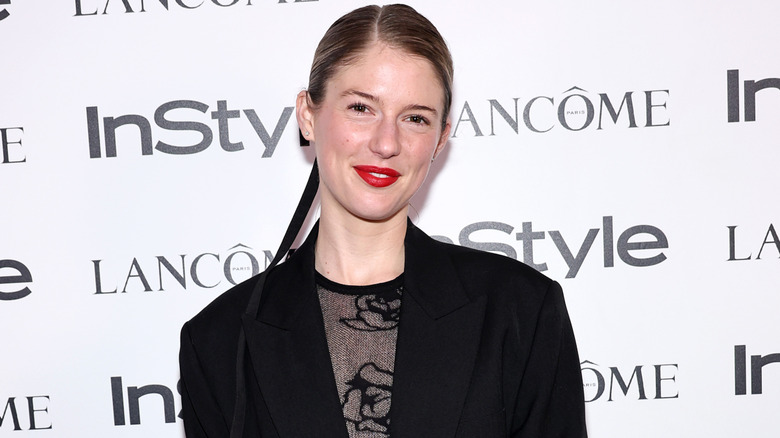 Maggie McGraw wearing red lipstick