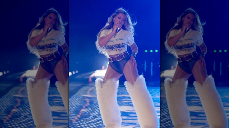 Beyoncé performing in a Buffalo Soldiers T-shirt at the "Cowboy Carter" concert in Paris