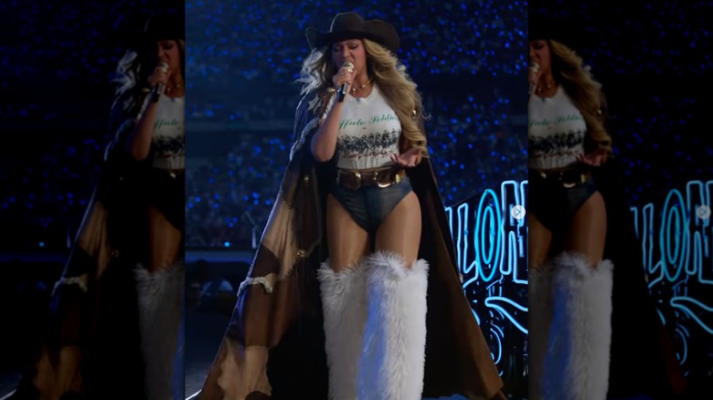Beyoncé performing in a Buffalo Soldiers T-shirt at the "Cowboy Carter" concert in Paris