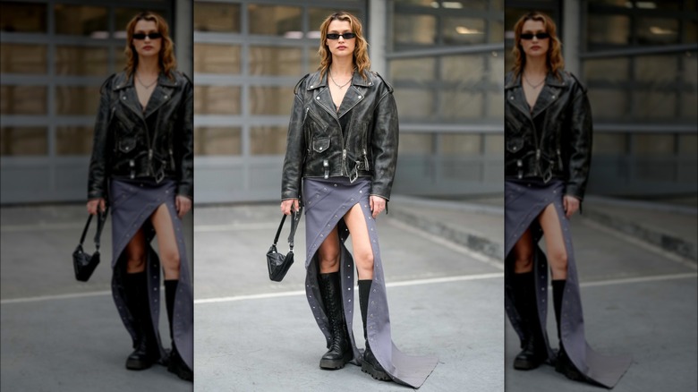 woman wearing studded skirt