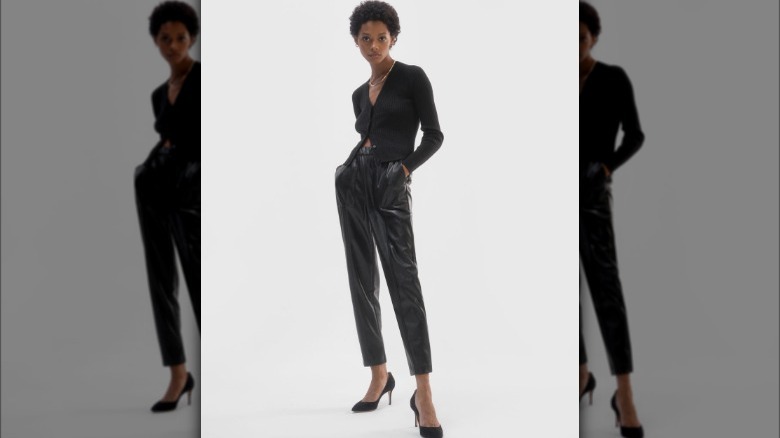 cropped black cardigan with leather pants