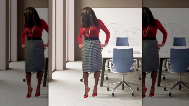 Red top and shoes and black and white skirt