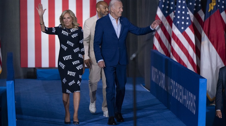 Jill Biden in 2024 waving with Joe Biden
